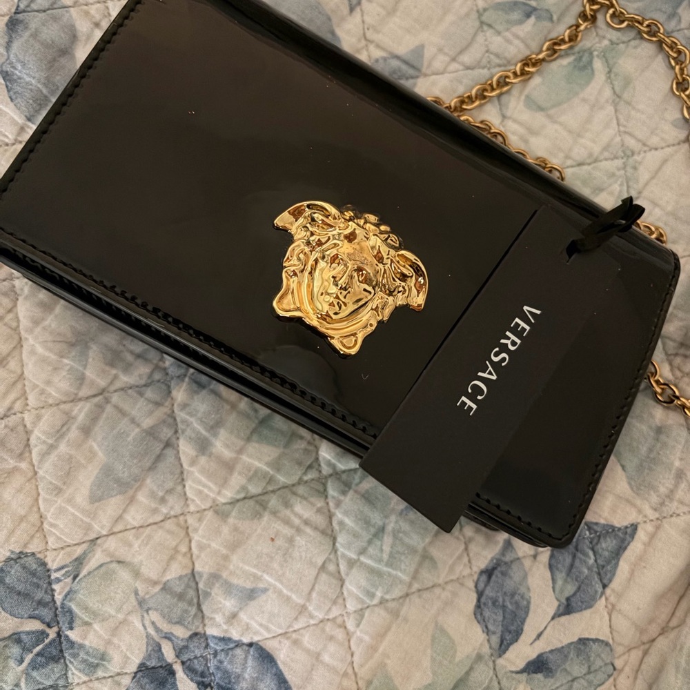 Versace Black Patent Medusa Wallet on Chain with Gold Hardware